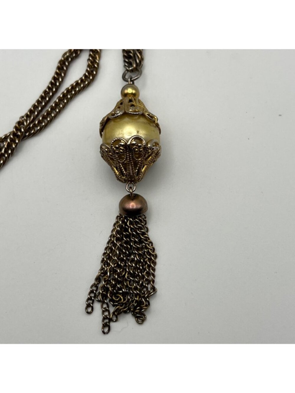 Vintage Gold-Tone Necklace Filigree Faux Pearl Tassel 3.25" Pendant 28" Chain - Picture 4 of 6